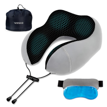 Vissco Tra-Well Ergonomic Neck Pillow with Sleeping Gel Eye Mask, Contoured Memory Foam Travel Neck Pillow, Orthopedic Neck Support