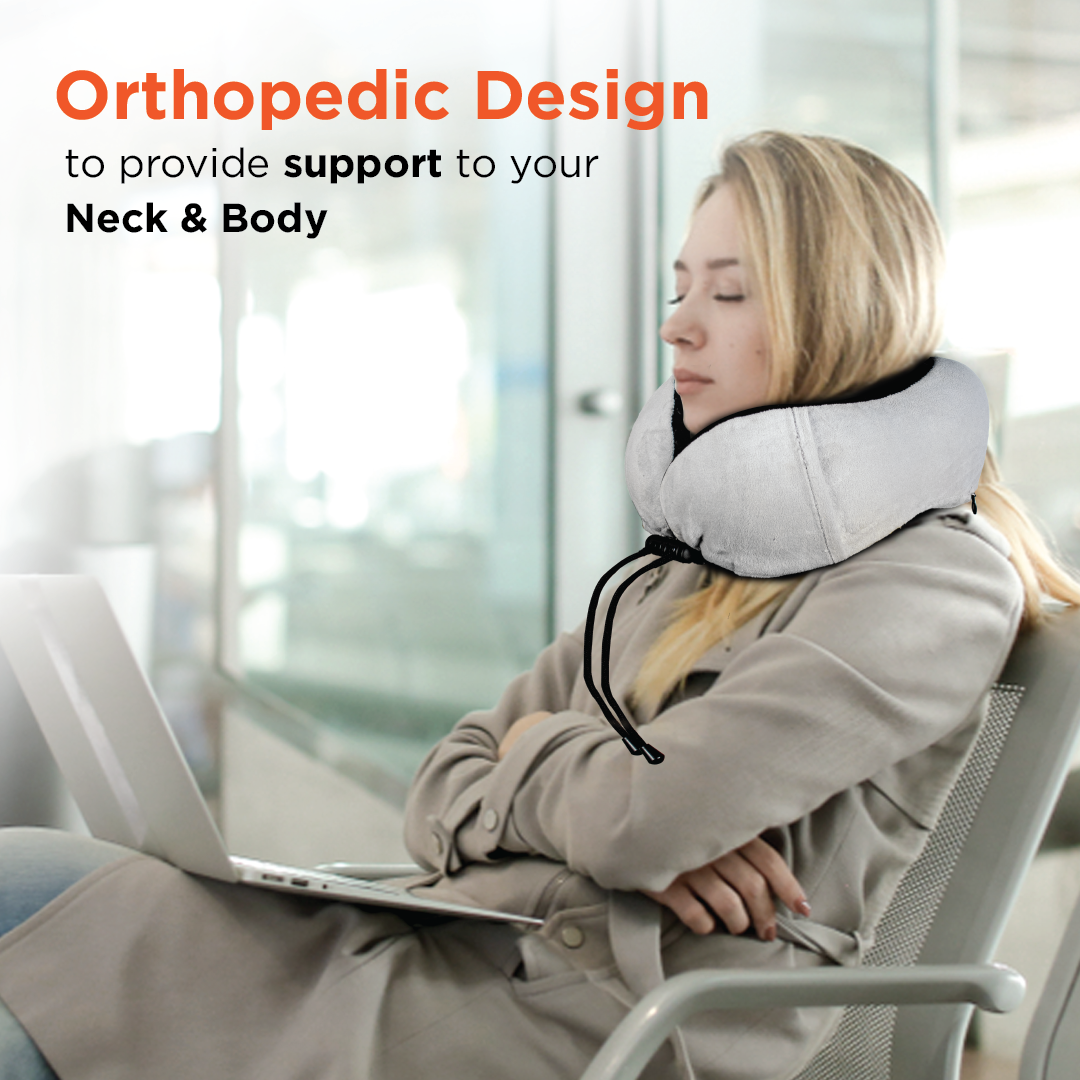 Vissco Tra-Well Ergonomic Neck Pillow with Sleeping Gel Eye Mask, Contoured Memory Foam Travel Neck Pillow, Orthopedic Neck Support