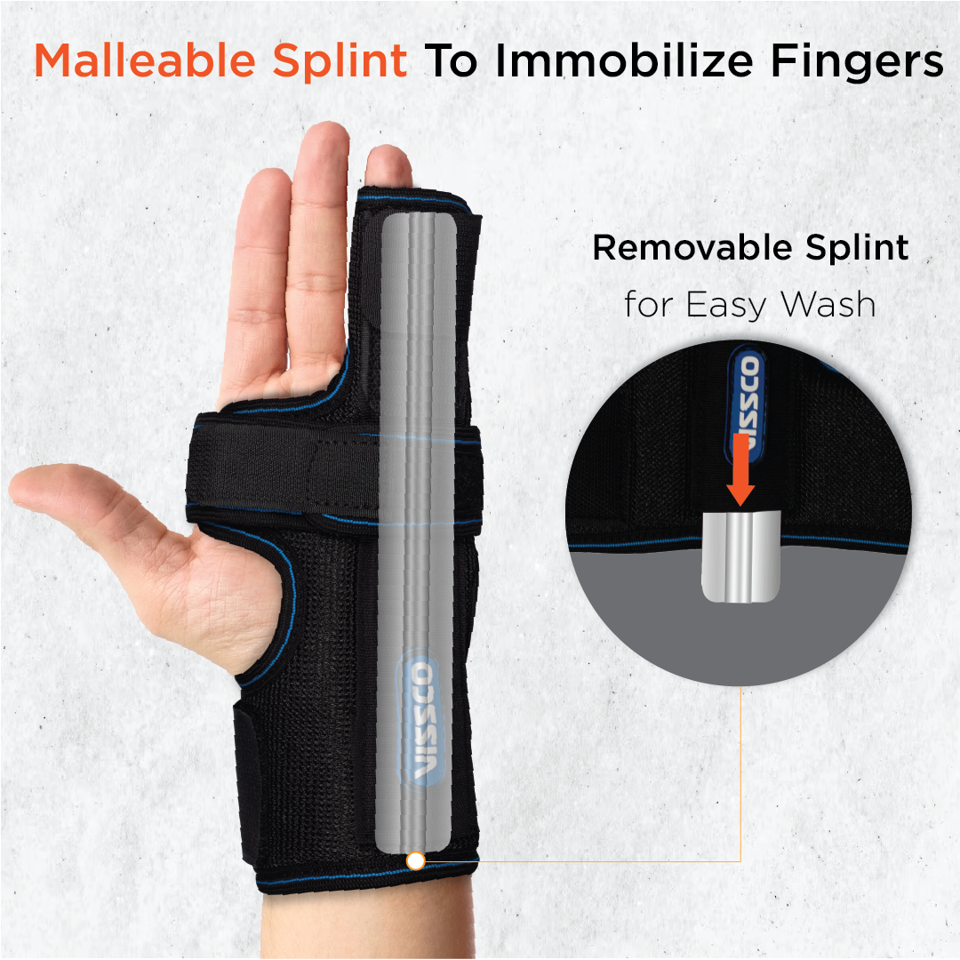 Vissco Boxer's Support Brace | Detachable Splints | For Finger Fracture, Trigger finger | Left / Right hand (Black)