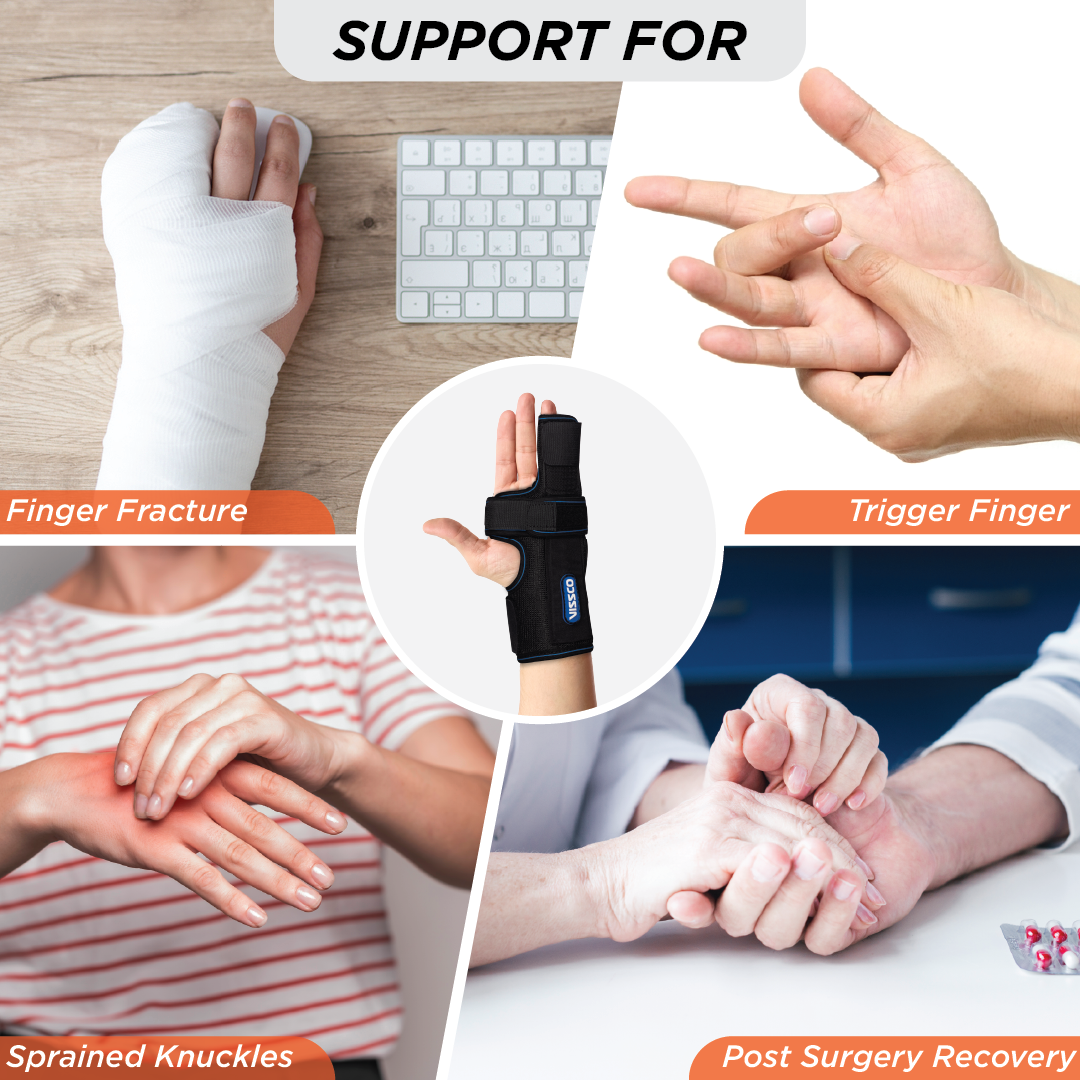 Vissco Boxer's Support Brace | Detachable Splints | For Finger Fracture, Trigger finger | Left / Right hand (Black)