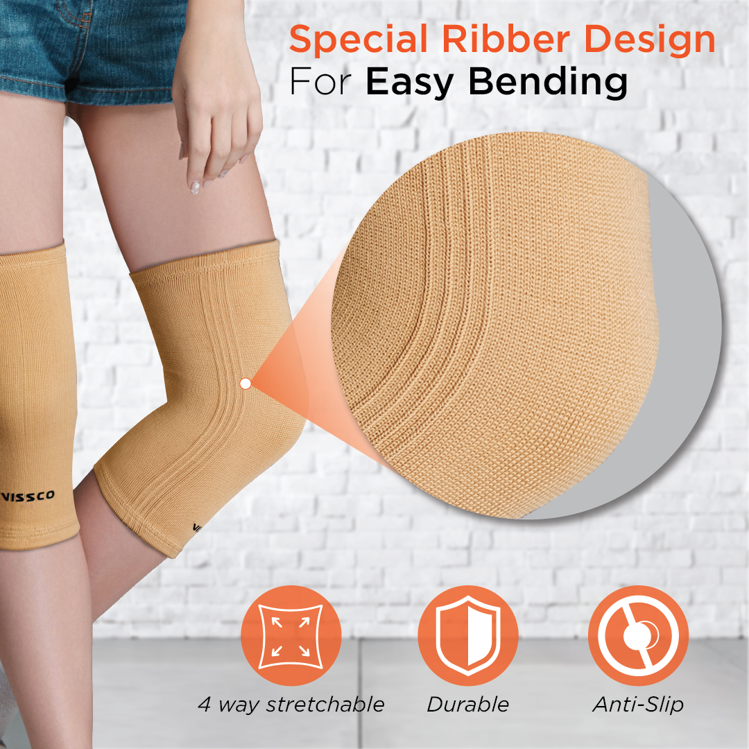Vissco Tubular Elastic Knee Cap | Ideal Mild Support for Free Knee Movement, Color - Beige (IN PAIR)