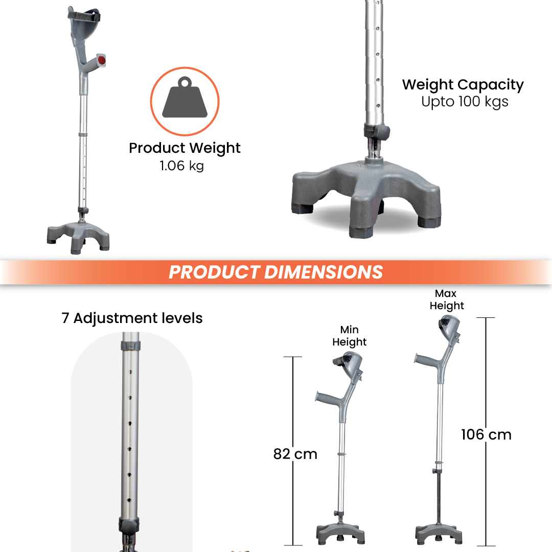 Vissco Astra Max Elbow Crutch Quadripod Base With Height Adjustable & Movable Elbow Support, Light Weight (1 Piece) (Grey)