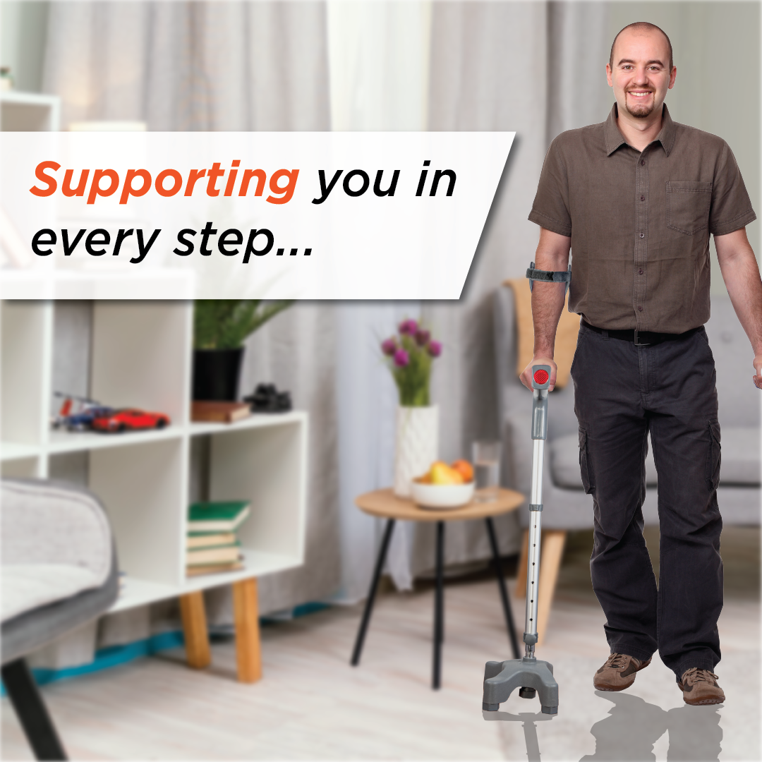 Vissco Astra Max Elbow Crutch Quadripod Base With Height Adjustable & Movable Elbow Support, Light Weight (1 Piece) (Grey)