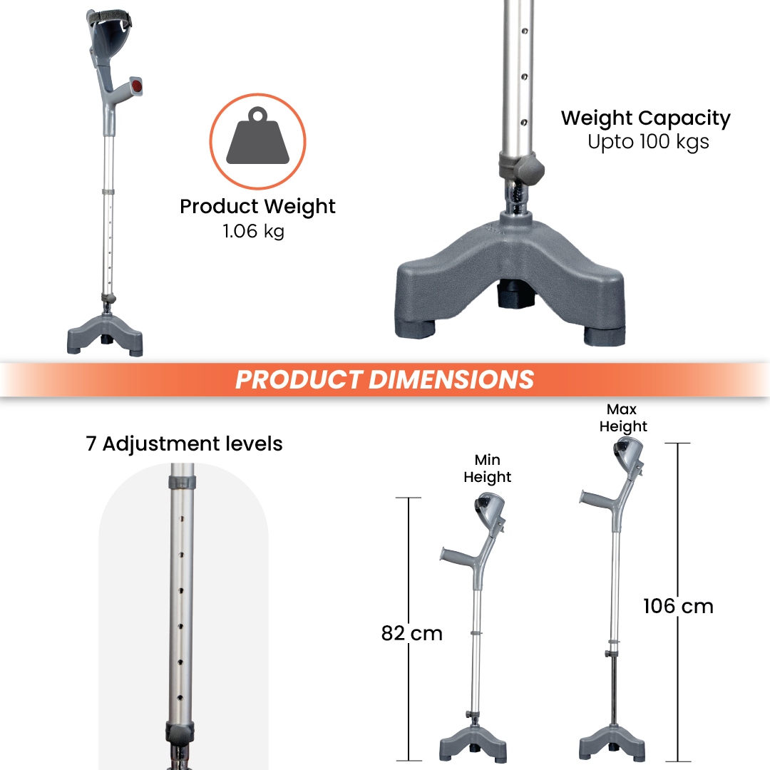 Vissco Astra Max Elbow Crutch Tripod Base With Height Adjustable & Movable Elbow Support, Light Weight (1 Piece) (Grey)