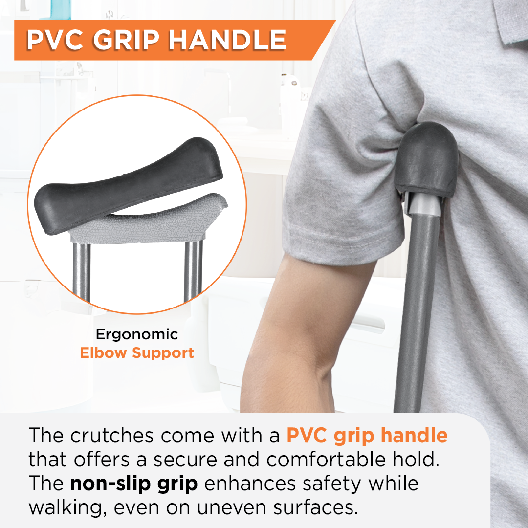 Vissco Astra Under Arm Crutches | Adjustable Elbow Support & Height | Light Weight | PVC grip Handle (1 Pair) | Color (Grey)
