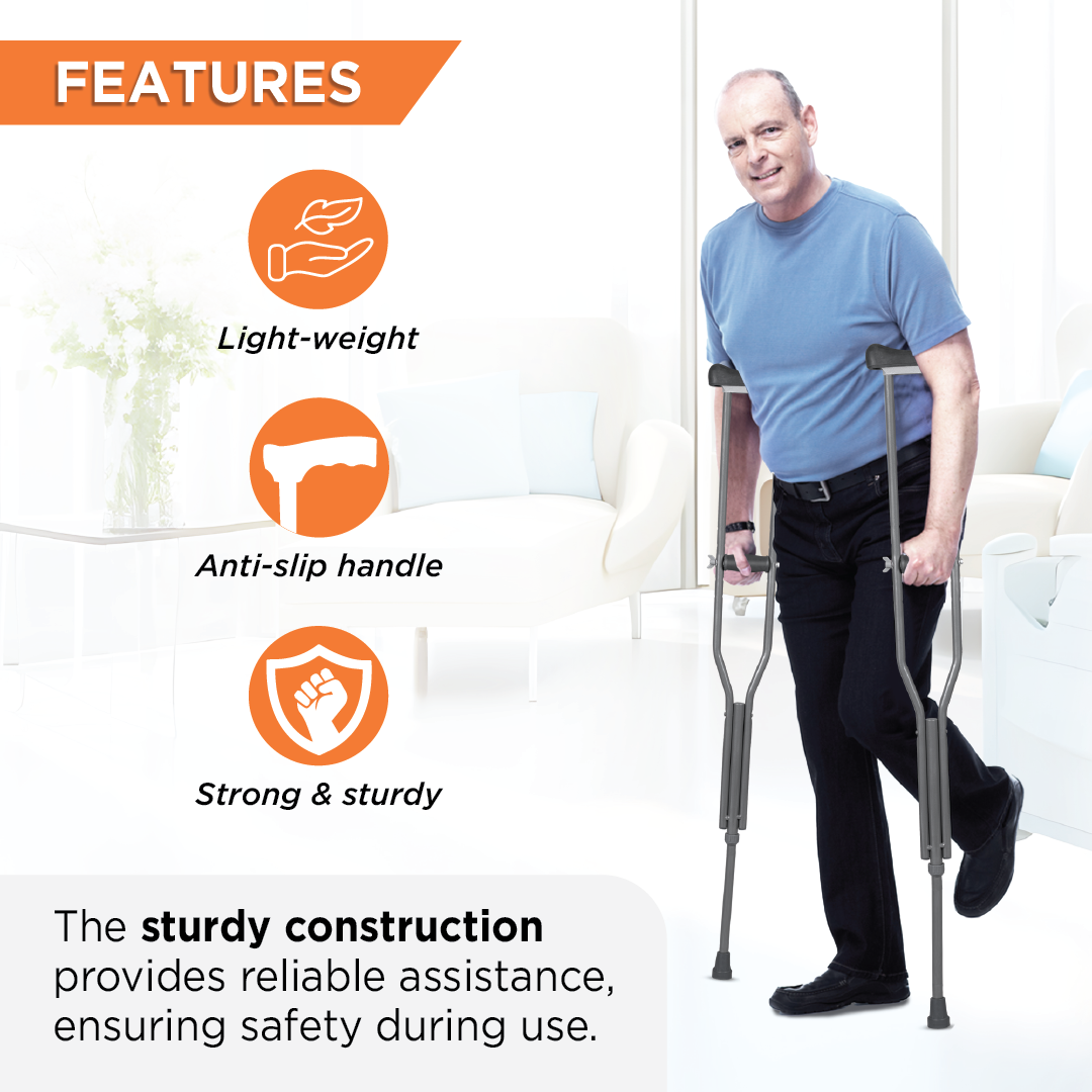 Vissco Astra Under Arm Crutches | Adjustable Elbow Support & Height | Light Weight | PVC grip Handle (1 Pair) | Color (Grey)