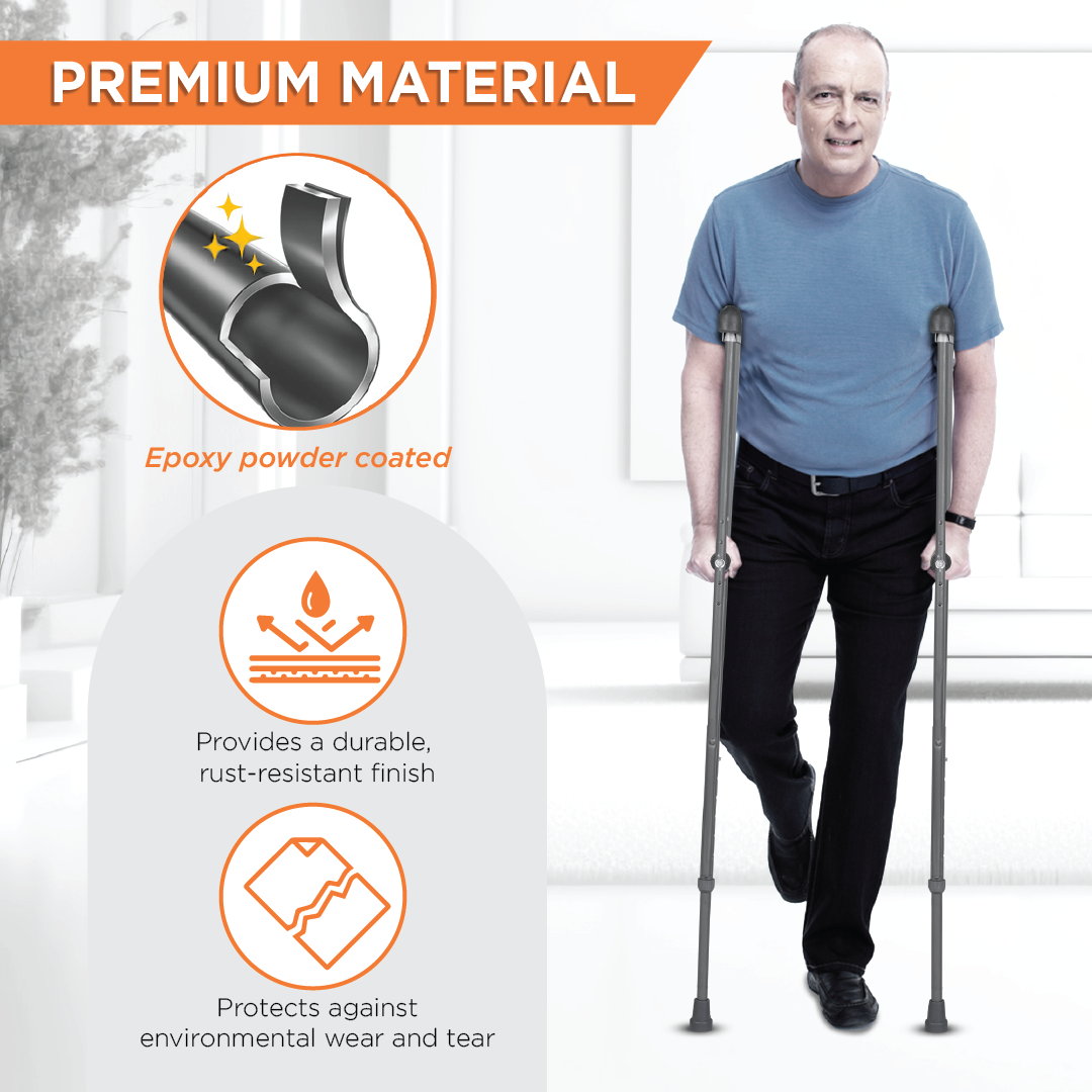 Vissco Astra Under Arm Crutches | Adjustable Elbow Support & Height | Light Weight | PVC grip Handle (1 Pair) | Color (Grey)