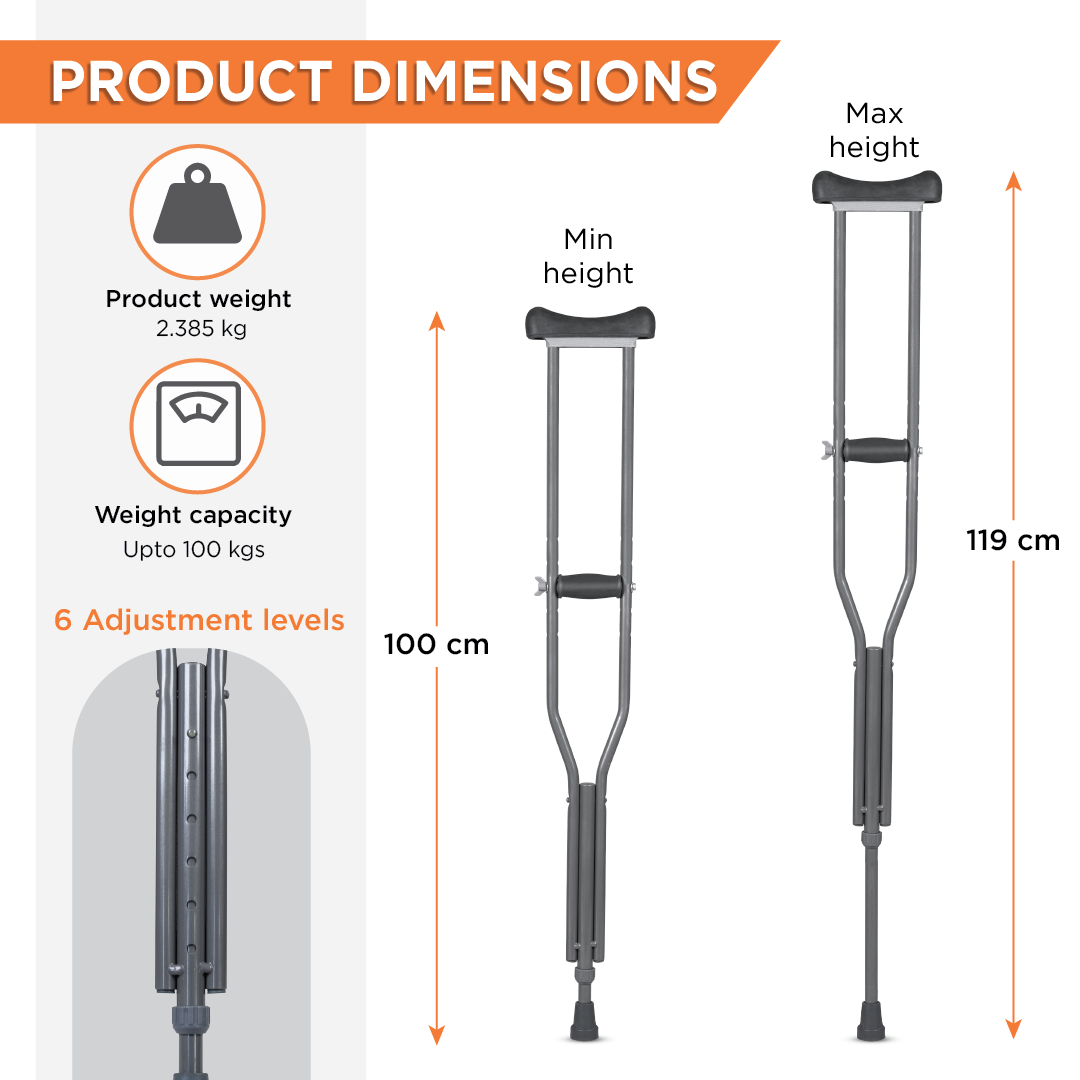 Vissco Astra Under Arm Crutches | Adjustable Elbow Support & Height | Light Weight | PVC grip Handle (1 Pair) | Color (Grey)
