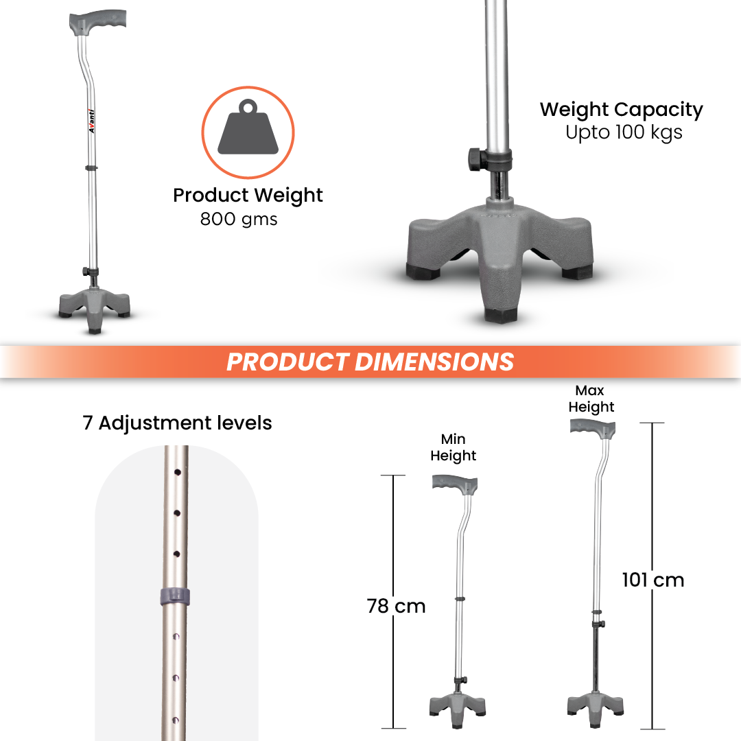 Vissco Avanti L Shape Tripod Stick for Physically Challeged | Light Weight & Adjustable Height (Grey)