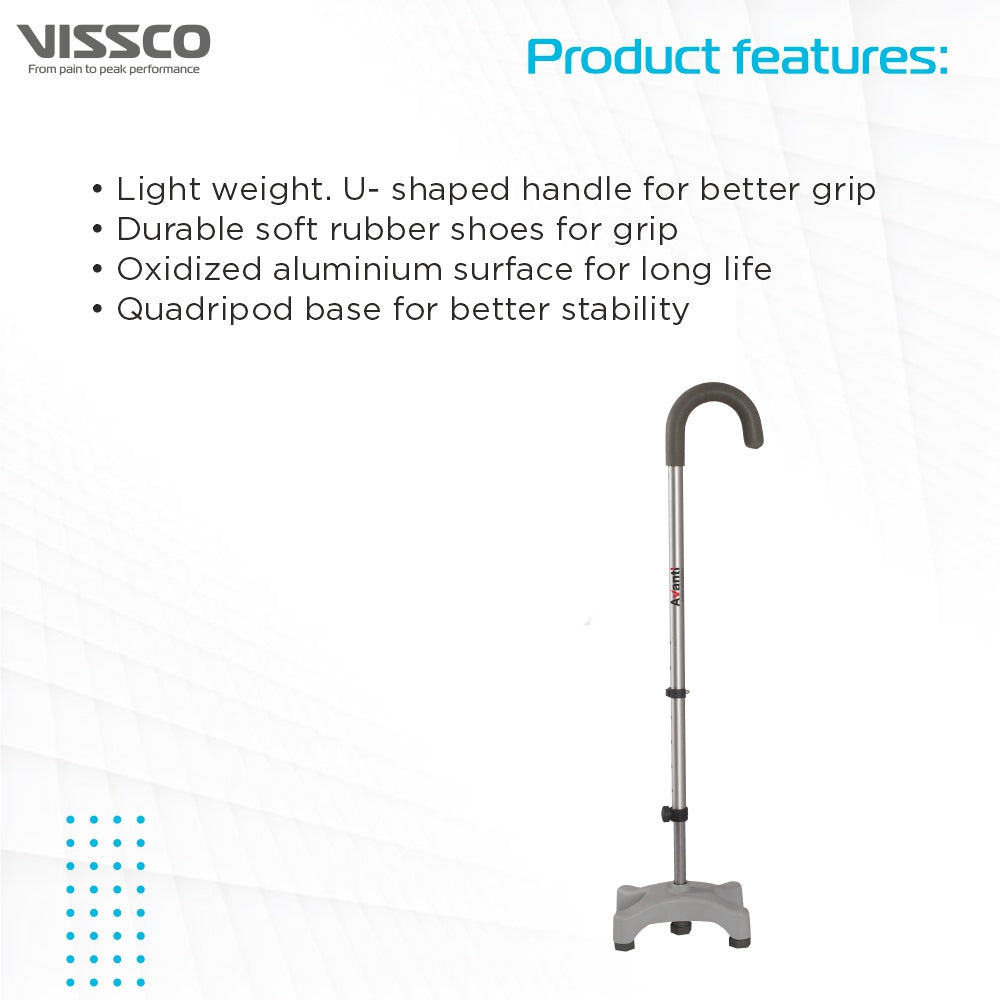 Vissco Avanti U Shape Quadripod Stick | Walkig Stick with Adjustable Height | Light Weight | 4 Legged Base (Grey)