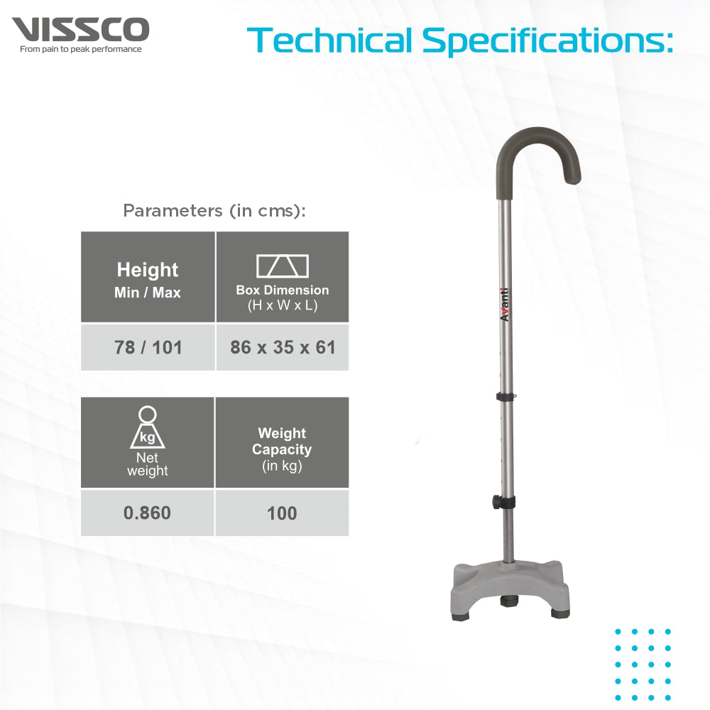 Vissco Avanti U Shape Quadripod Stick | Walkig Stick with Adjustable Height | Light Weight | 4 Legged Base (Grey)