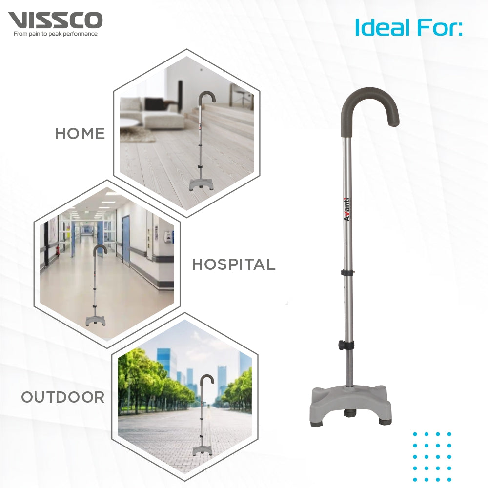 Vissco Avanti U Shape Quadripod Stick | Walkig Stick with Adjustable Height | Light Weight | 4 Legged Base (Grey)