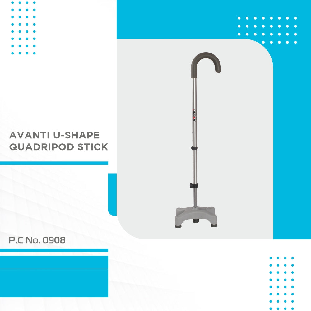Vissco Avanti U Shape Quadripod Stick | Walkig Stick with Adjustable Height | Light Weight | 4 Legged Base (Grey)