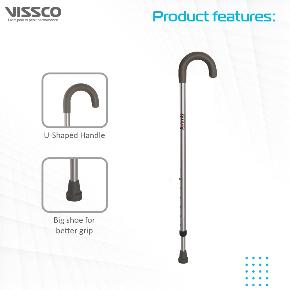 Vissco Avanti U Shape Walking Stick | Adjustable Height | Lightweight Walking Stick (Grey)