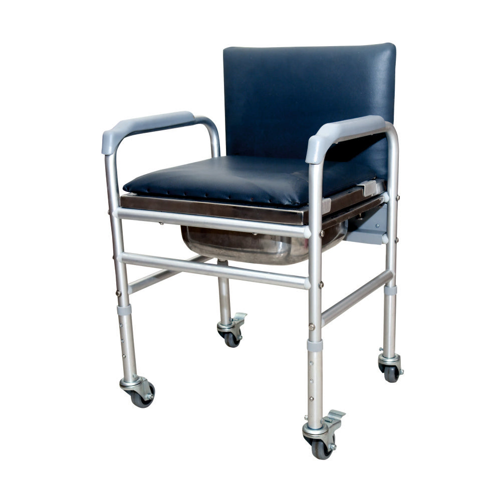 Vissco Comfort Commode with Fixed Back Rest & Adjustable Height | Light Weight Aluminium Chair | High Grade Plastic Wheels (Silver)