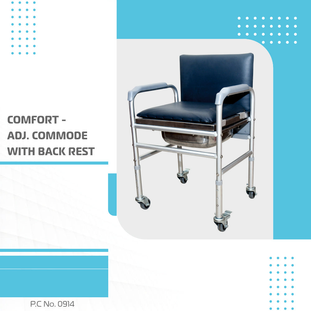 Vissco Comfort Commode with Fixed Back Rest & Adjustable Height | Light Weight Aluminium Chair | High Grade Plastic Wheels (Silver)