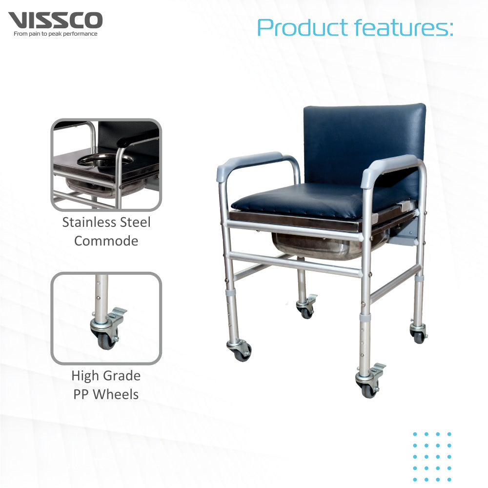 Vissco Comfort Commode with Fixed Back Rest & Adjustable Height | Light Weight Aluminium Chair | High Grade Plastic Wheels (Silver)