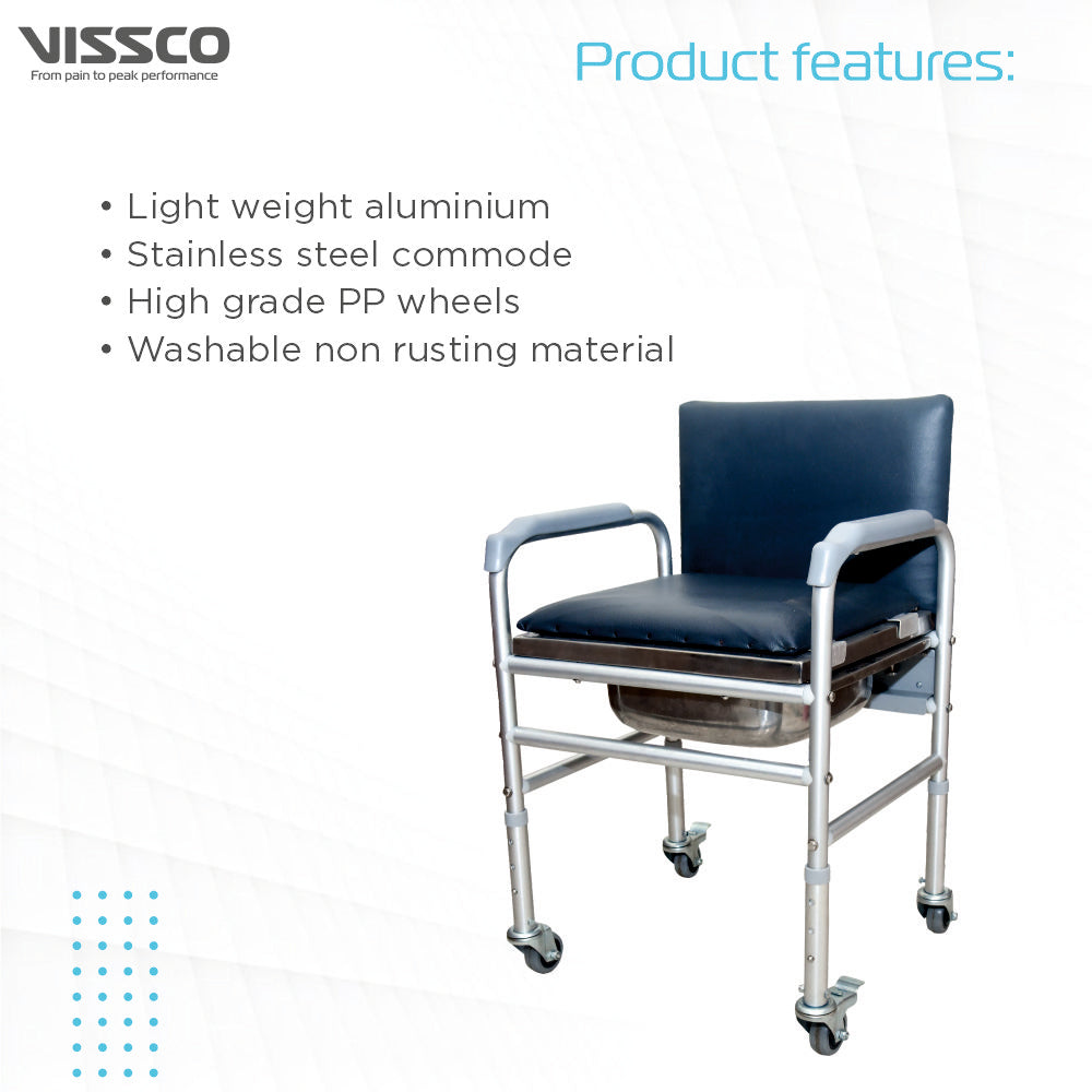 Vissco Comfort Commode with Fixed Back Rest & Adjustable Height | Light Weight Aluminium Chair | High Grade Plastic Wheels (Silver)