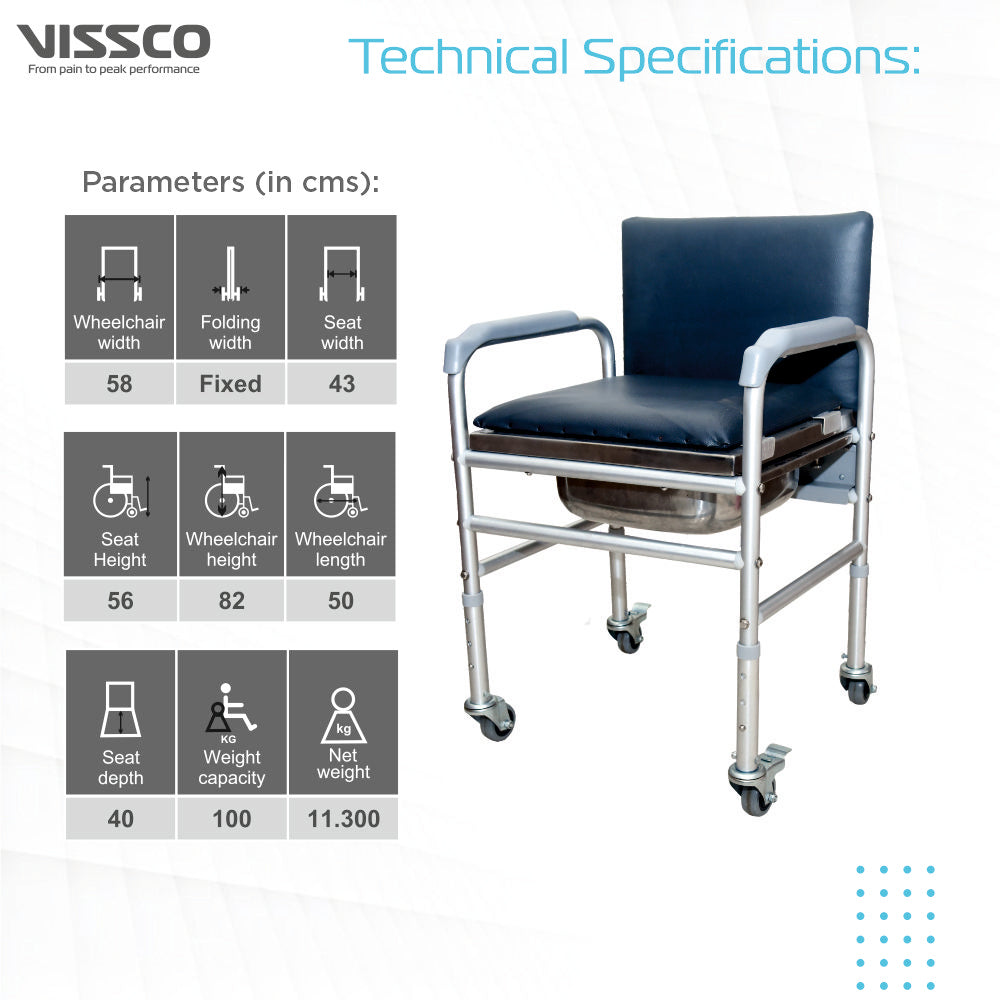 Vissco Comfort Commode with Fixed Back Rest & Adjustable Height | Light Weight Aluminium Chair | High Grade Plastic Wheels (Silver)