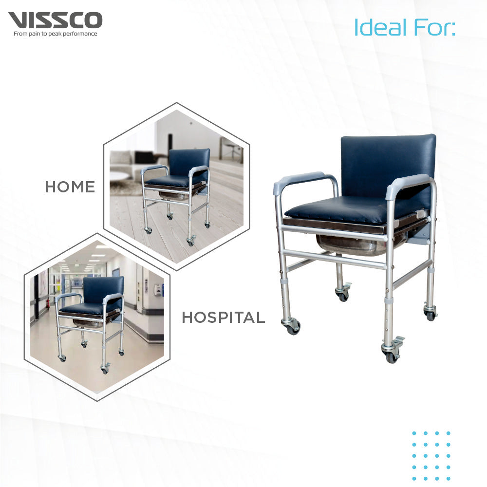 Vissco Comfort Commode with Fixed Back Rest & Adjustable Height | Light Weight Aluminium Chair | High Grade Plastic Wheels (Silver)