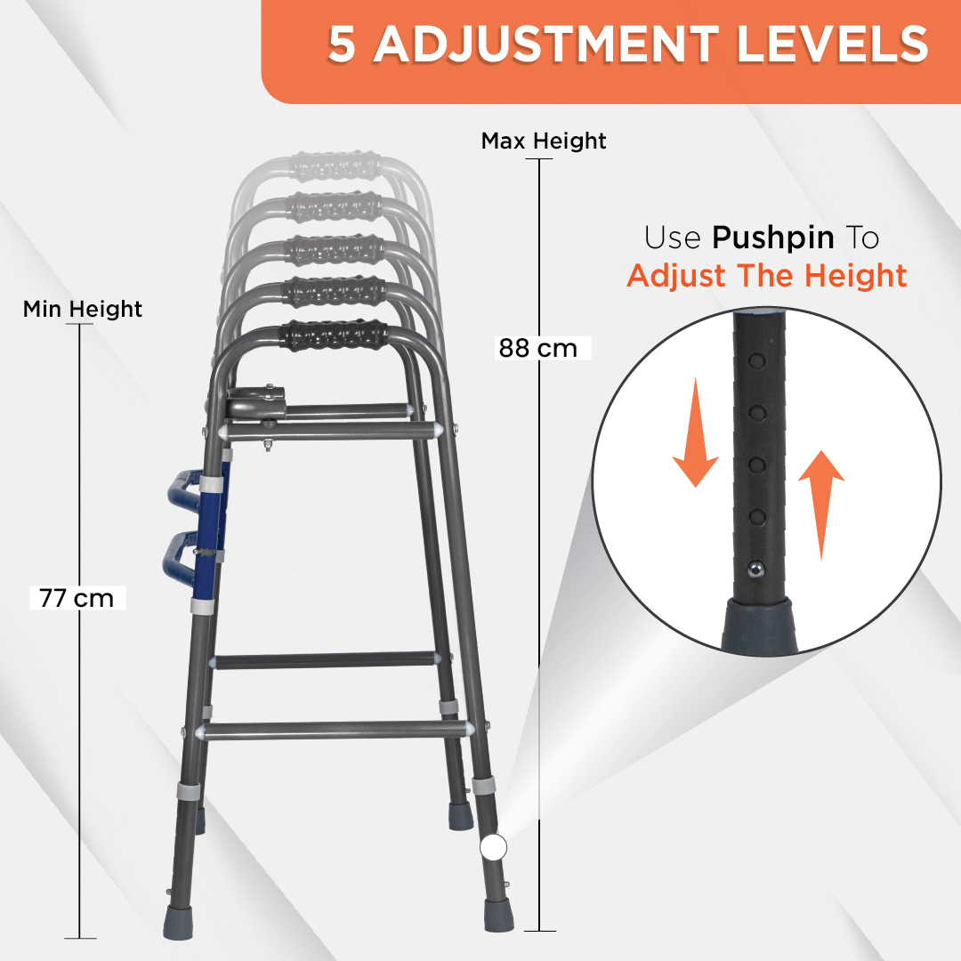 Vissco Medipedic Walker Plain (Double Bar) | Mild Steel | Height Adjustable | Light Weight | Premium Grade Rubber Shoes & PVC Grip (Grey)