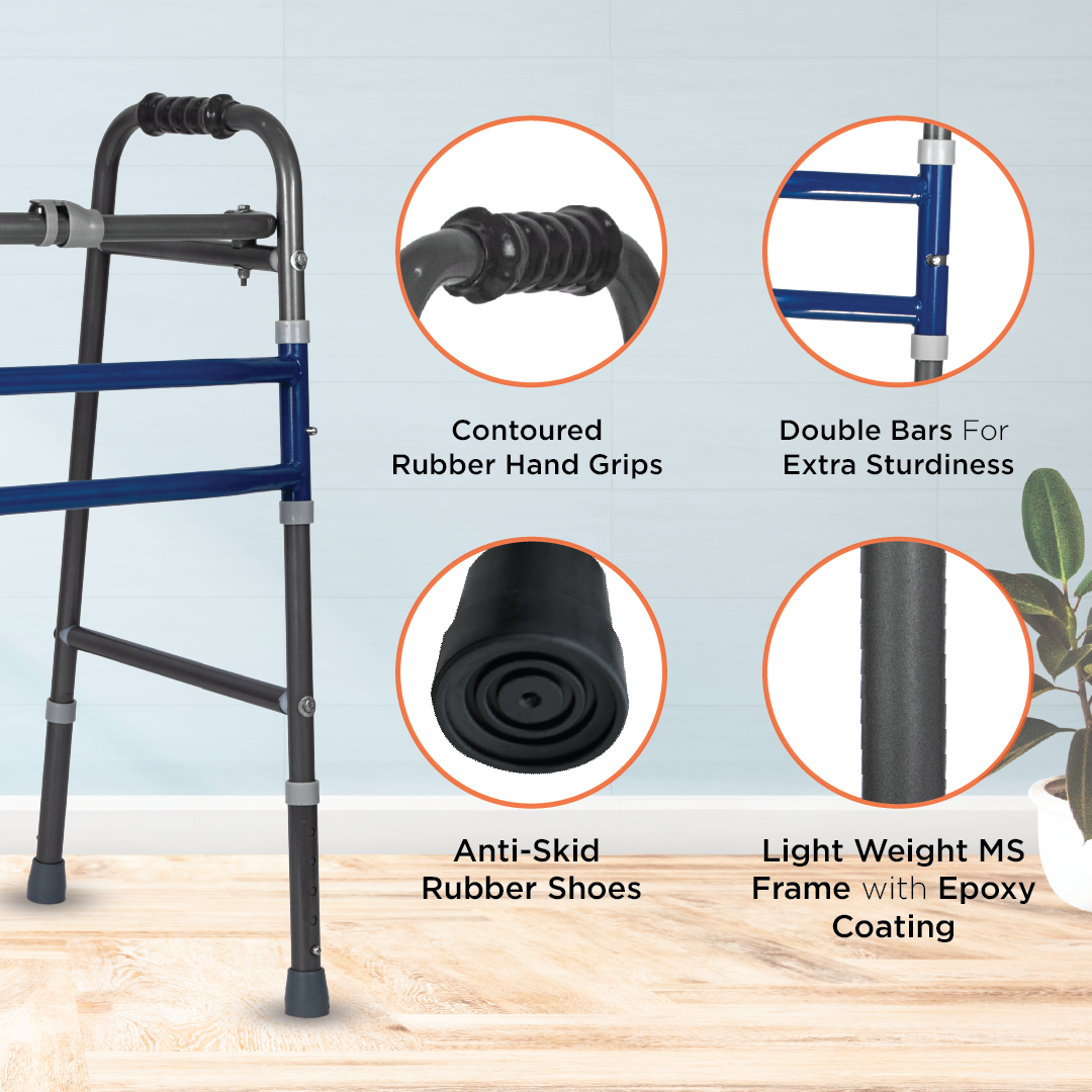 Vissco Medipedic Walker Plain (Double Bar) | Mild Steel | Height Adjustable | Light Weight | Premium Grade Rubber Shoes & PVC Grip (Grey)