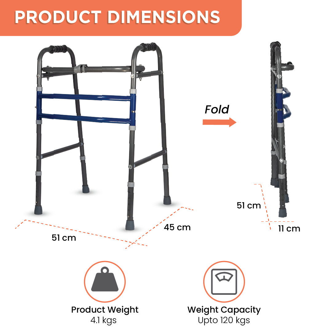 Vissco Medipedic Walker Plain (Double Bar) | Mild Steel | Height Adjustable | Light Weight | Premium Grade Rubber Shoes & PVC Grip (Grey)