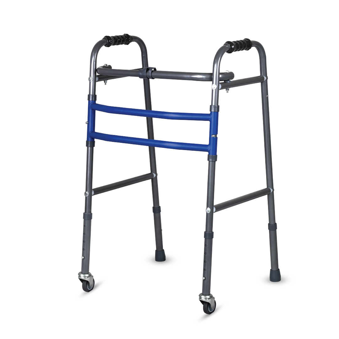 Vissco Medipedic Walker with Rotating Castor - Double Bar for Physically Challenged | Mild Steel | Foldable | Light Weight & Adjustable Height (Grey)