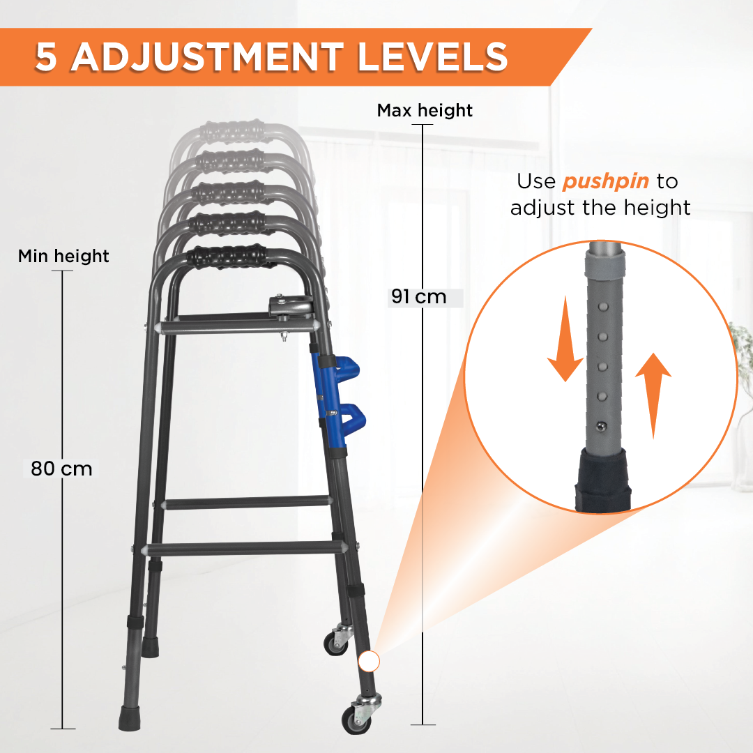 Vissco Medipedic Walker with Rotating Castor - Double Bar for Physically Challenged | Mild Steel | Foldable | Light Weight & Adjustable Height (Grey)