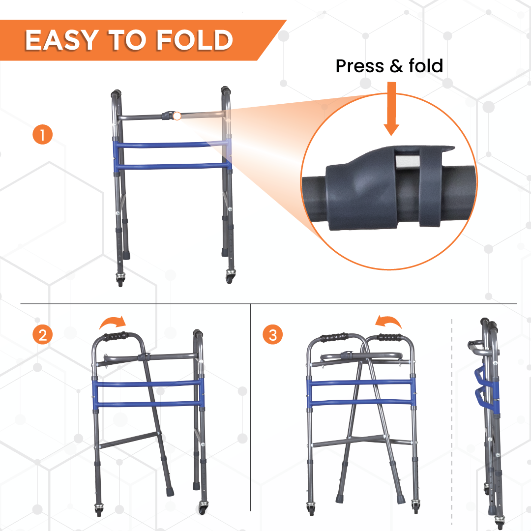 Vissco Medipedic Walker with Rotating Castor - Double Bar for Physically Challenged | Mild Steel | Foldable | Light Weight & Adjustable Height (Grey)