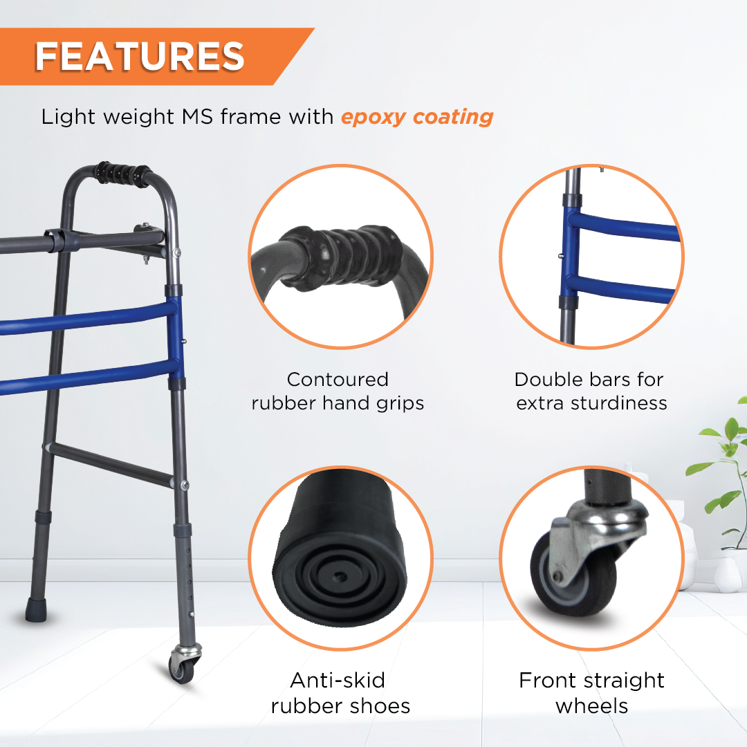 Vissco Medipedic Walker with Rotating Castor - Double Bar for Physically Challenged | Mild Steel | Foldable | Light Weight & Adjustable Height (Grey)