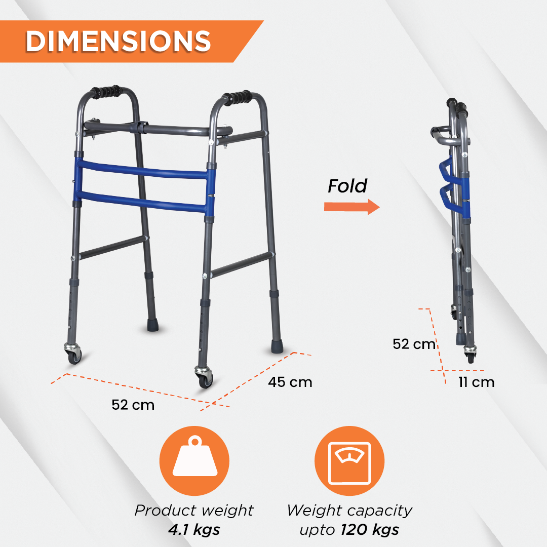 Vissco Medipedic Walker with Rotating Castor - Double Bar for Physically Challenged | Mild Steel | Foldable | Light Weight & Adjustable Height (Grey)
