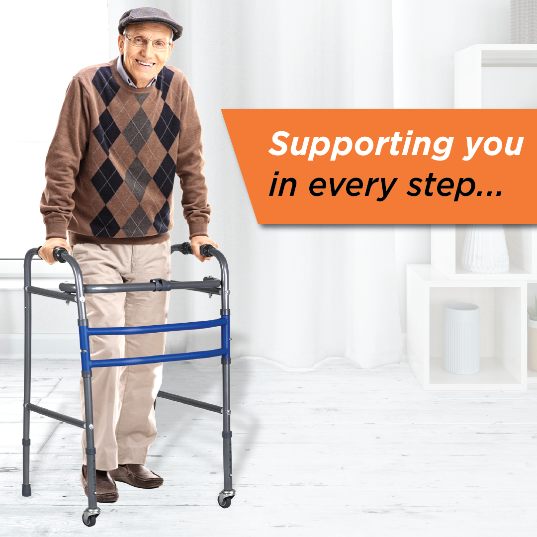 Vissco Medipedic Walker with Rotating Castor - Double Bar for Physically Challenged | Mild Steel | Foldable | Light Weight & Adjustable Height (Grey)
