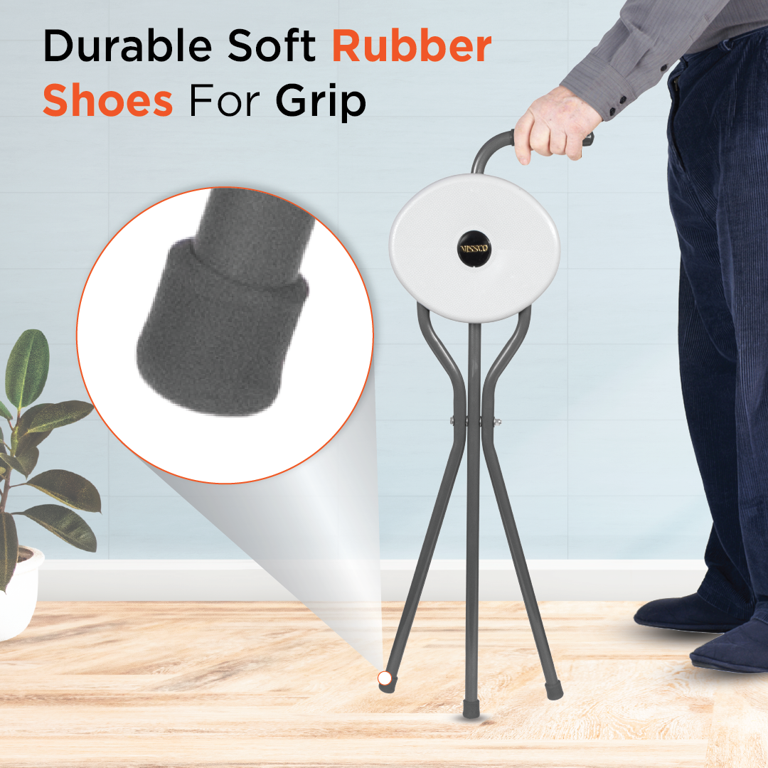 Vissco Avanti Walking Stick with Seat | L Shaped Handle | Light Weight | Durable Soft Rubber Shoes for better Grip (Grey)