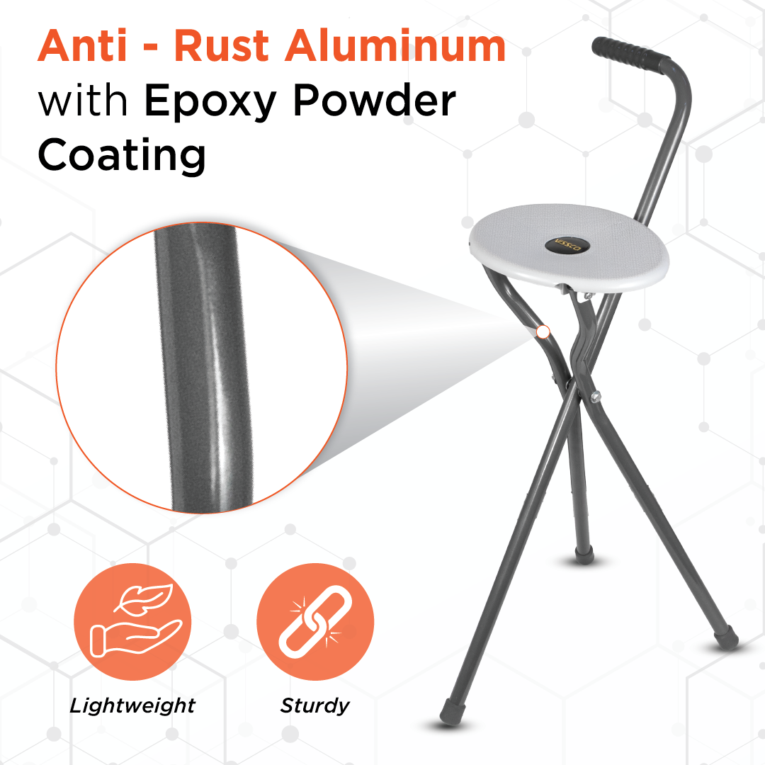 Vissco Avanti Walking Stick with Seat | L Shaped Handle | Light Weight | Durable Soft Rubber Shoes for better Grip (Grey)