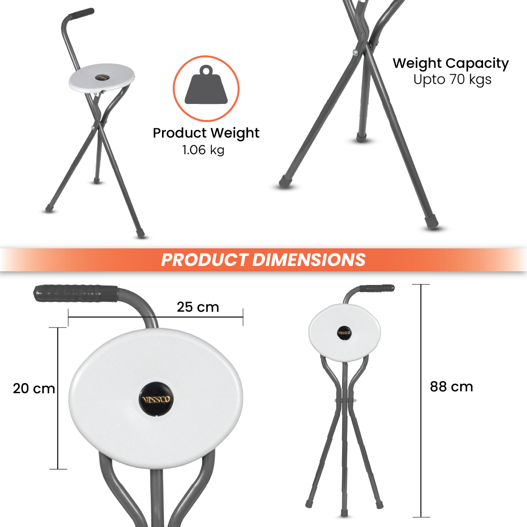 Vissco Avanti Walking Stick with Seat | L Shaped Handle | Light Weight | Durable Soft Rubber Shoes for better Grip (Grey)