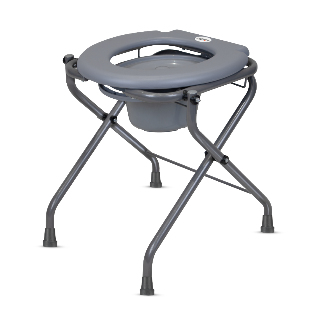 Vissco Premium Portable Commode Stool with Attached Bucket, Lightweight, Durable MS Powder-Coated Frame, Easy to Clean, Hygienic, Compact Design, Comfortable PVC Seat - Grey