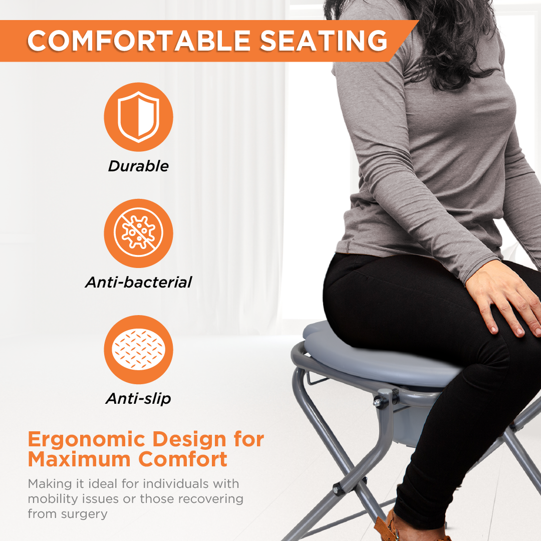 Vissco Premium Portable Commode Stool with Attached Bucket, Lightweight, Durable MS Powder-Coated Frame, Easy to Clean, Hygienic, Compact Design, Comfortable PVC Seat - Grey