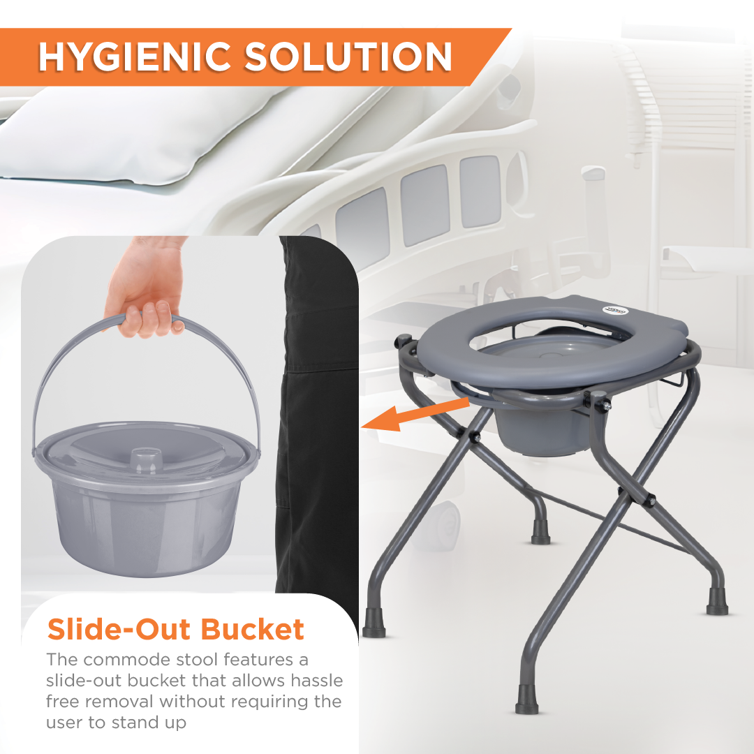 Vissco Premium Portable Commode Stool with Attached Bucket, Lightweight, Durable MS Powder-Coated Frame, Easy to Clean, Hygienic, Compact Design, Comfortable PVC Seat - Grey