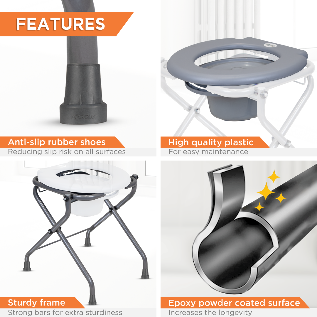 Vissco Premium Portable Commode Stool with Attached Bucket, Lightweight, Durable MS Powder-Coated Frame, Easy to Clean, Hygienic, Compact Design, Comfortable PVC Seat - Grey