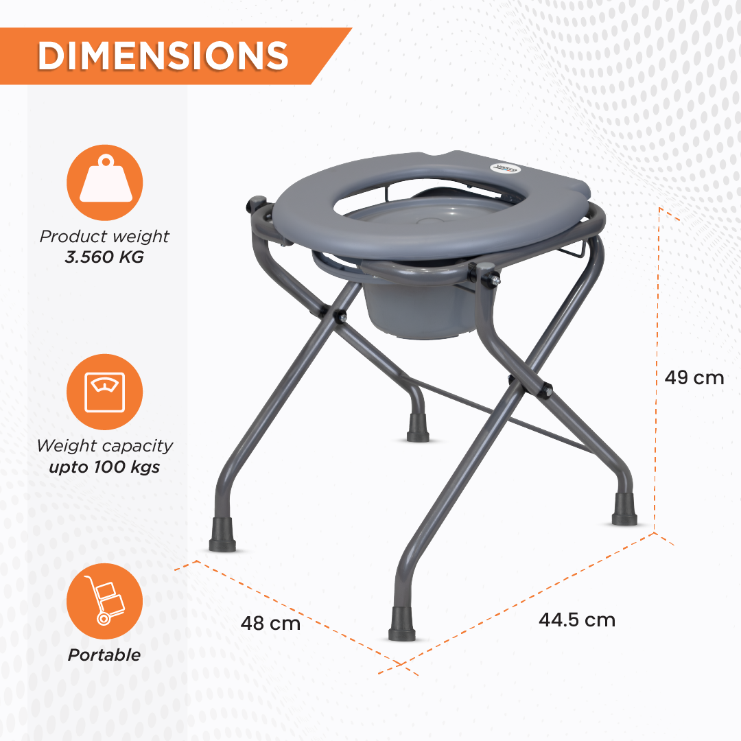 Vissco Premium Portable Commode Stool with Attached Bucket, Lightweight, Durable MS Powder-Coated Frame, Easy to Clean, Hygienic, Compact Design, Comfortable PVC Seat - Grey