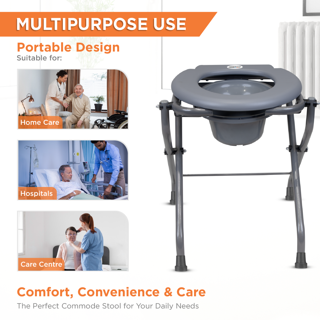 Vissco Premium Portable Commode Stool with Attached Bucket, Lightweight, Durable MS Powder-Coated Frame, Easy to Clean, Hygienic, Compact Design, Comfortable PVC Seat - Grey