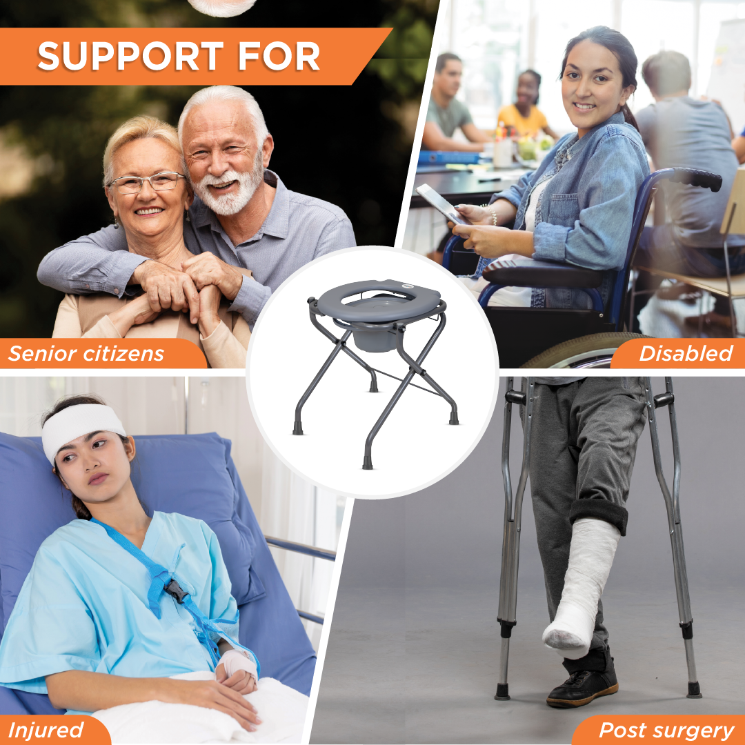 Vissco Premium Portable Commode Stool with Attached Bucket, Lightweight, Durable MS Powder-Coated Frame, Easy to Clean, Hygienic, Compact Design, Comfortable PVC Seat - Grey