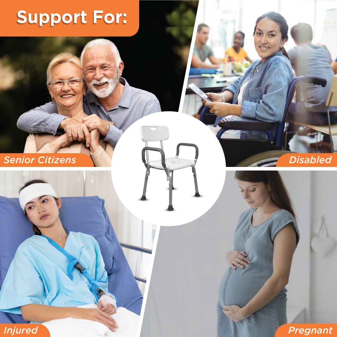 Vissco Comfort Shower Chair | With Back & Armrest | Adjustable Height, Light Weight | Made from Aluminum Anti Rusting Material (White & Anodized)