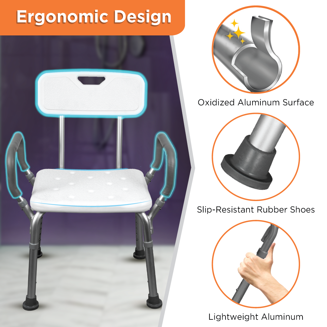 Vissco Comfort Shower Chair | With Back & Armrest | Adjustable Height, Light Weight | Made from Aluminum Anti Rusting Material (White & Anodized)
