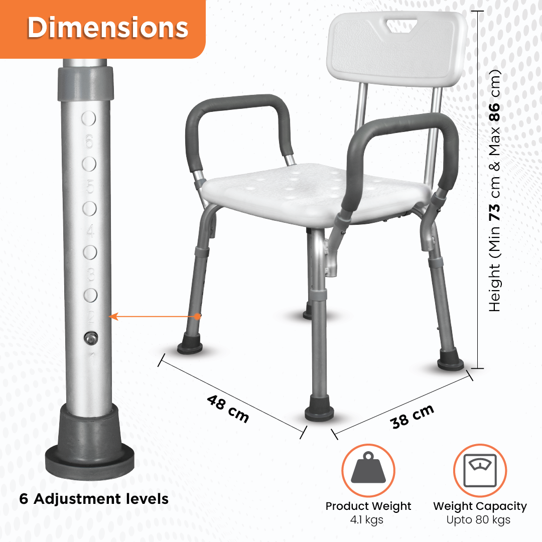 Vissco Comfort Shower Chair | With Back & Armrest | Adjustable Height, Light Weight | Made from Aluminum Anti Rusting Material (White & Anodized)