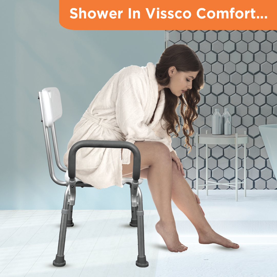 Vissco Comfort Shower Chair | With Back & Armrest | Adjustable Height, Light Weight | Made from Aluminum Anti Rusting Material (White & Anodized)