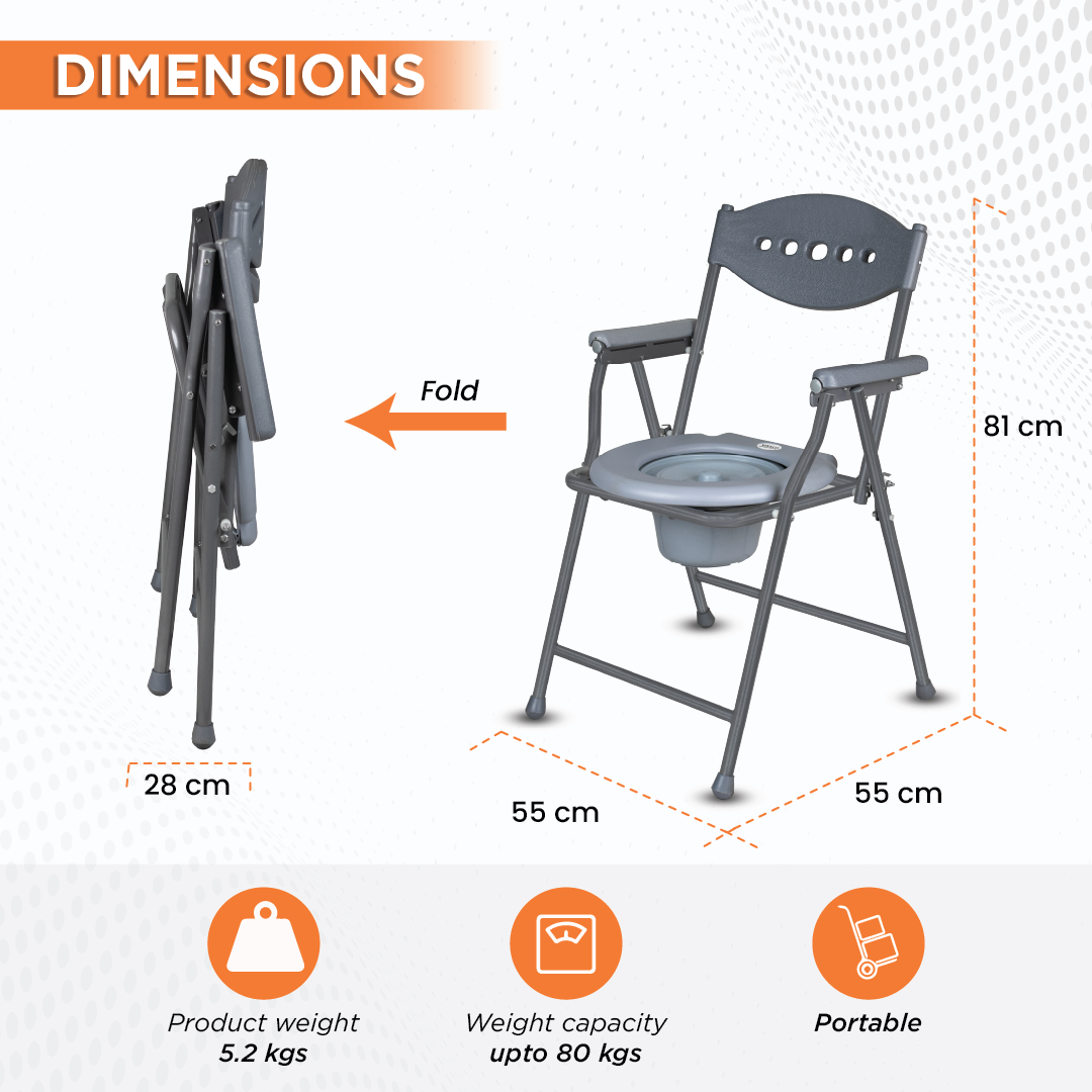 Vissco Comfort Steel Folding Commode Chair for Elderly, Patients & Disabled | Height Adjustable, Portable Toilet Chair with Armrest & Non-Slip Legs | Foldable, Pre-Assembled, 80kg Weight Capacity