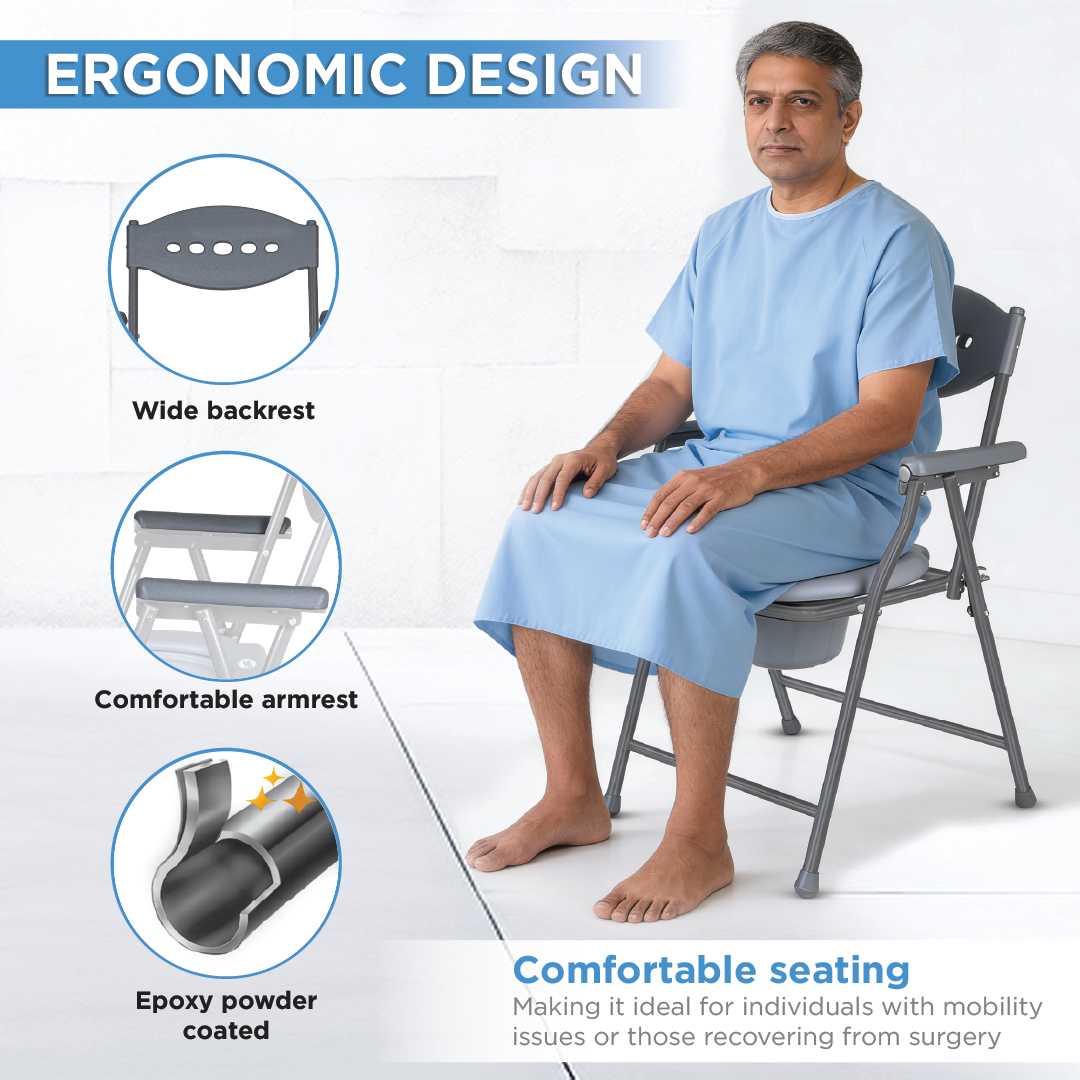 Vissco Comfort Steel Folding Commode Chair for Elderly, Patients & Disabled | Height Adjustable, Portable Toilet Chair with Armrest & Non-Slip Legs | Foldable, Pre-Assembled, 80kg Weight Capacity