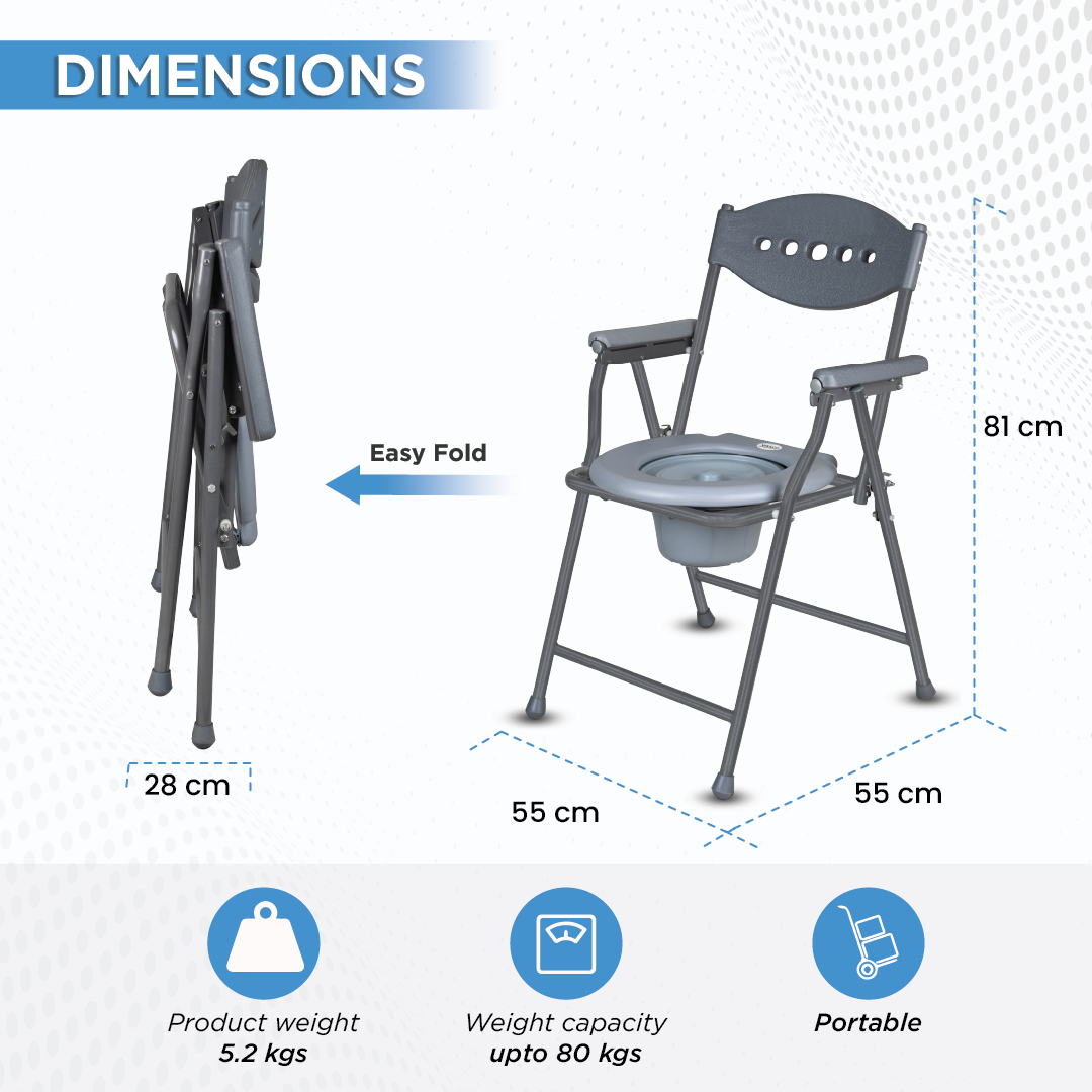 Vissco Comfort Steel Folding Commode Chair for Elderly, Patients & Disabled | Height Adjustable, Portable Toilet Chair with Armrest & Non-Slip Legs | Foldable, Pre-Assembled, 80kg Weight Capacity